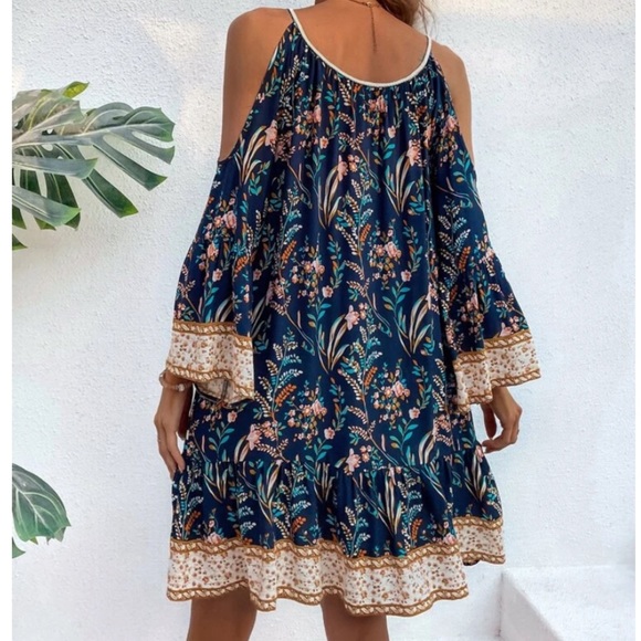 SOLD OUT Navy Fields Bohemian Floral Cold Open Shoulder Tassel Tie Ruffle Dress - Picture 2 of 2